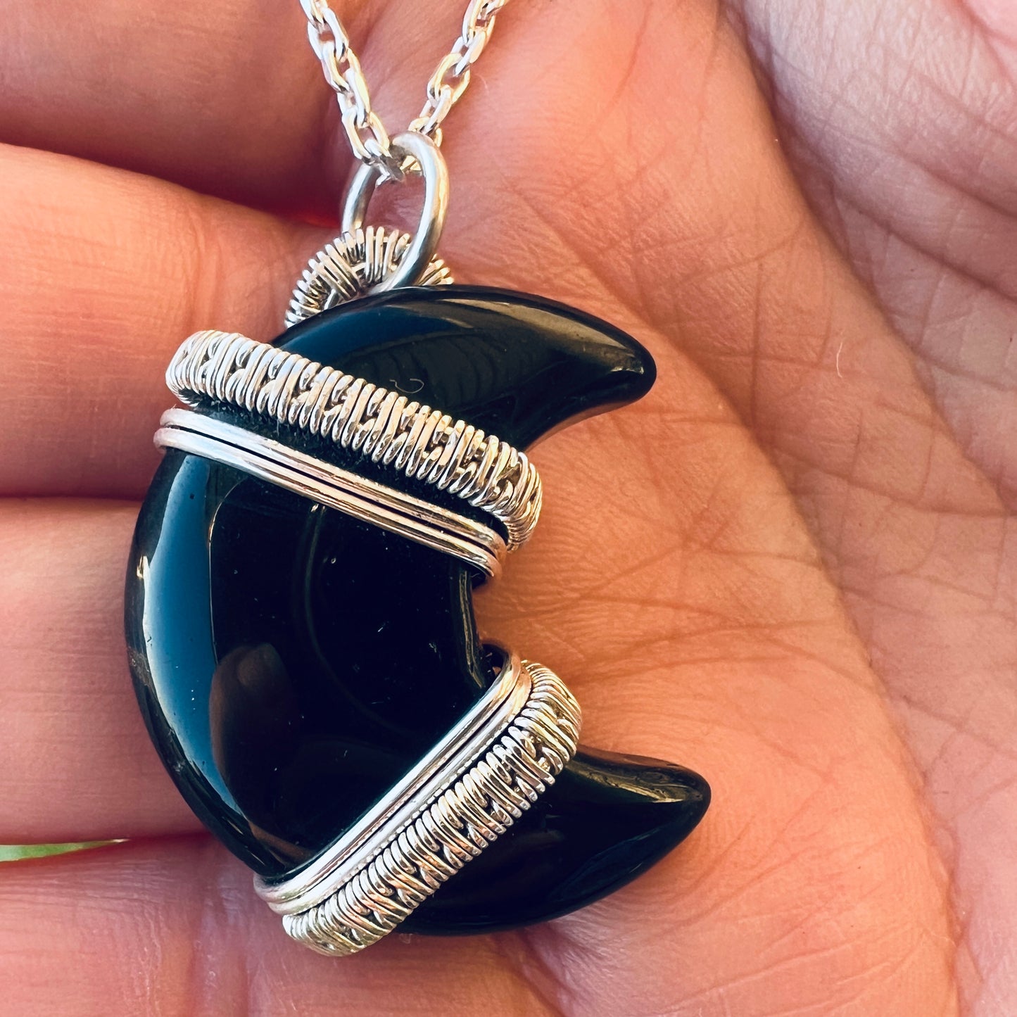 Handgjort Svart Obsidian Hänge Äkta Silver