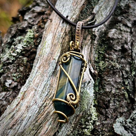 Blue tiger eye, Handmade pendant, lace