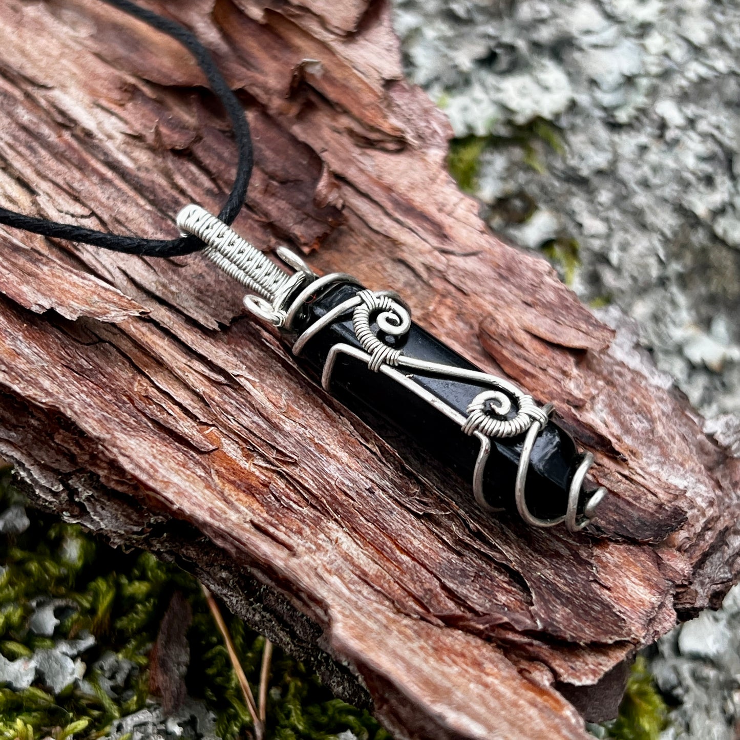 Black Obsidian, Handmade pendant, lace