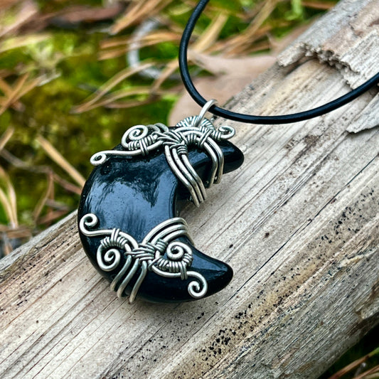 Black obsidian, handmade pendant, moon