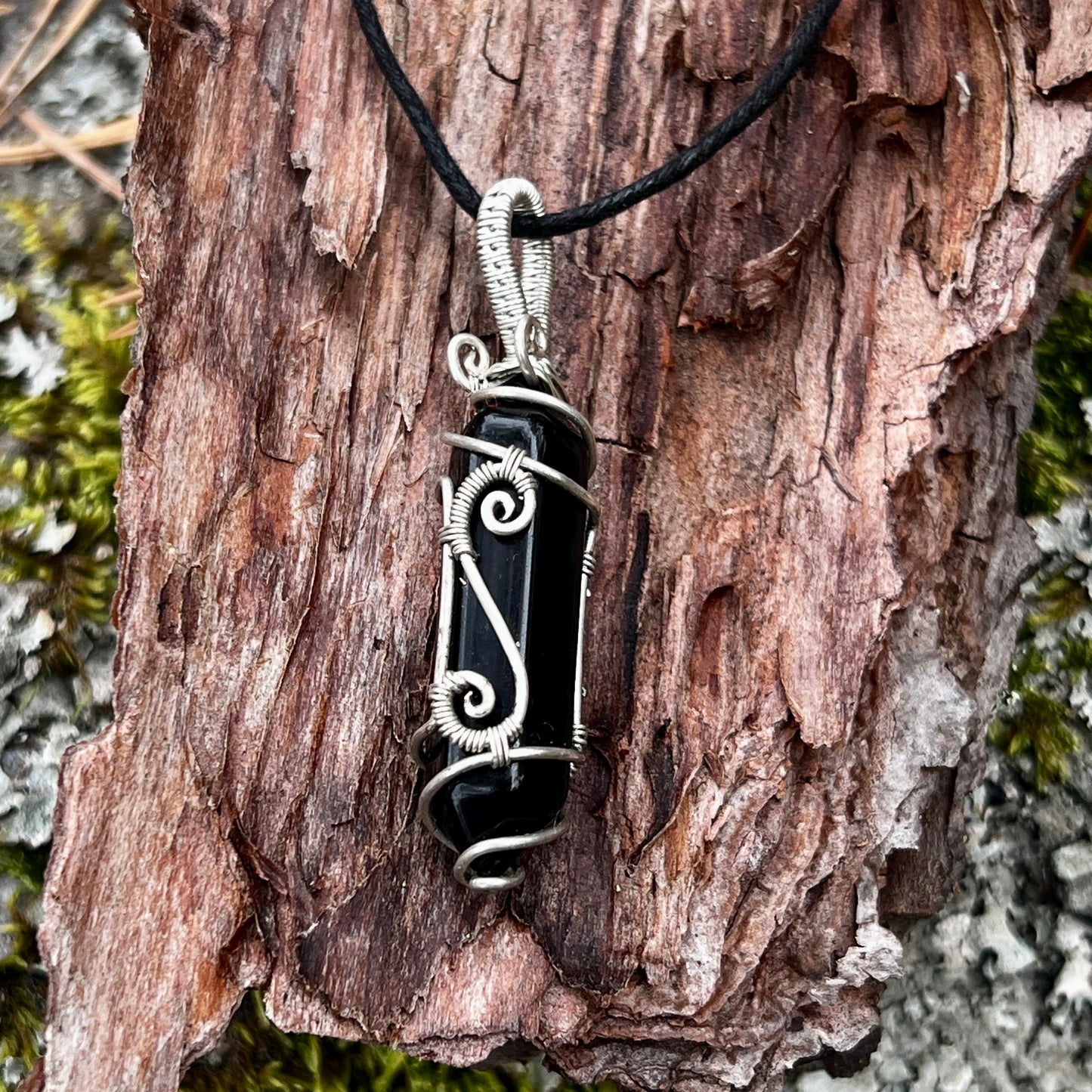 Black Obsidian, Handmade pendant, lace