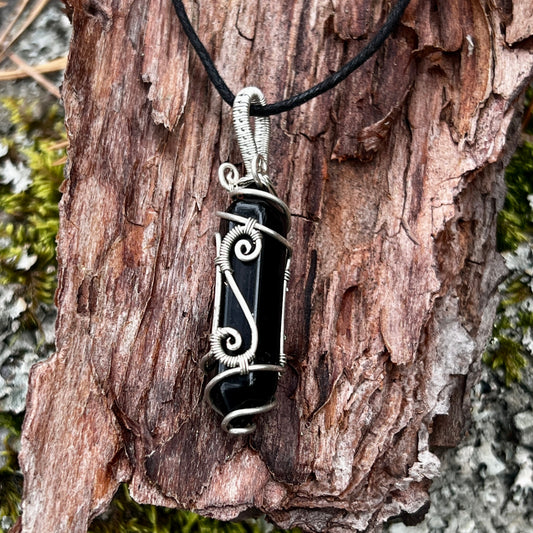 Black Obsidian, Handmade pendant, lace