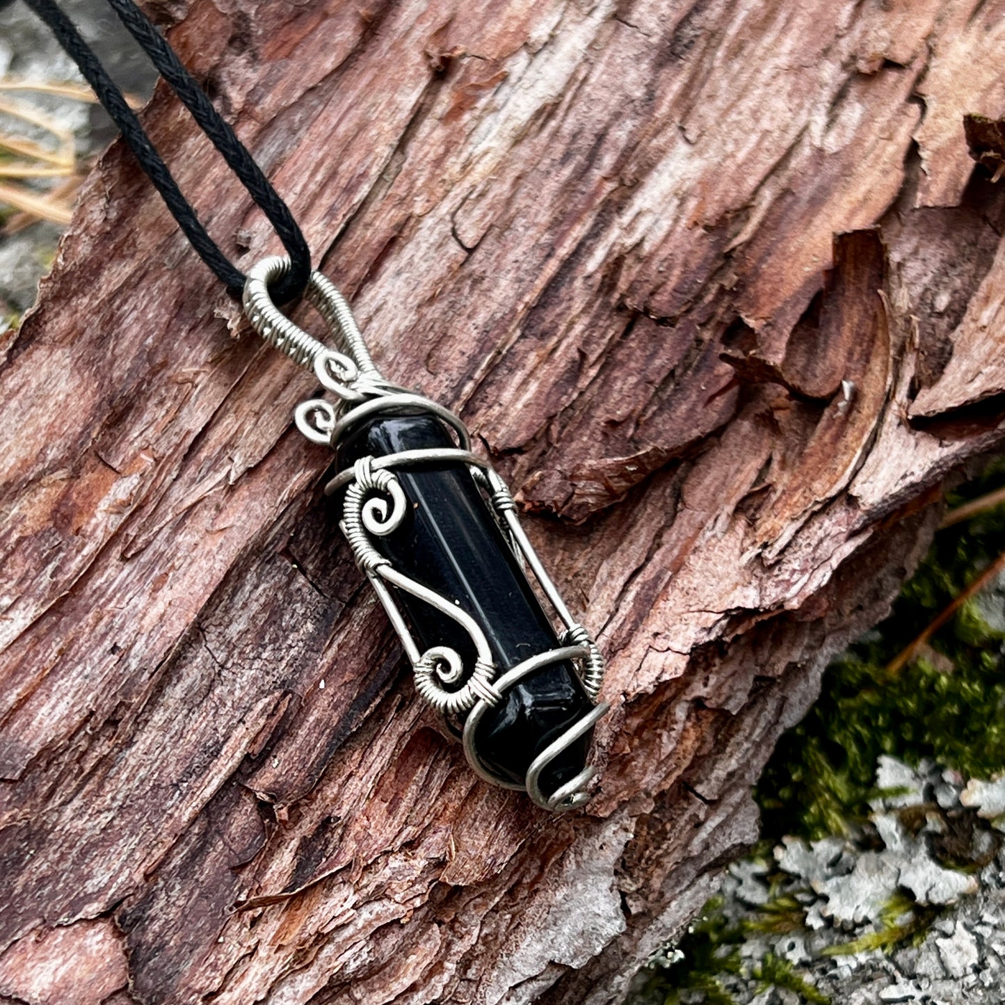 Black Obsidian, Handmade pendant, lace